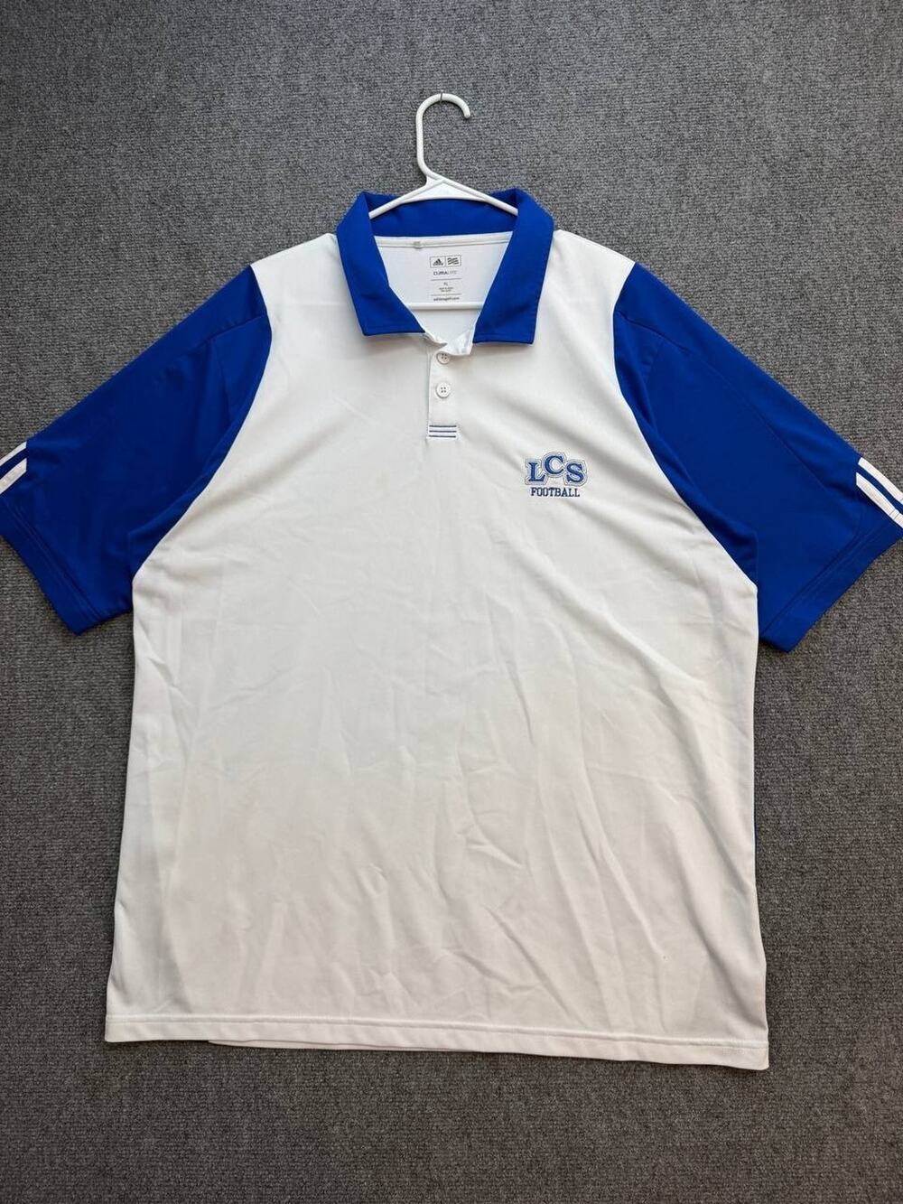Adidas ClimaLite LCS Football Menโs XL White Blue Performance Polo Shirt